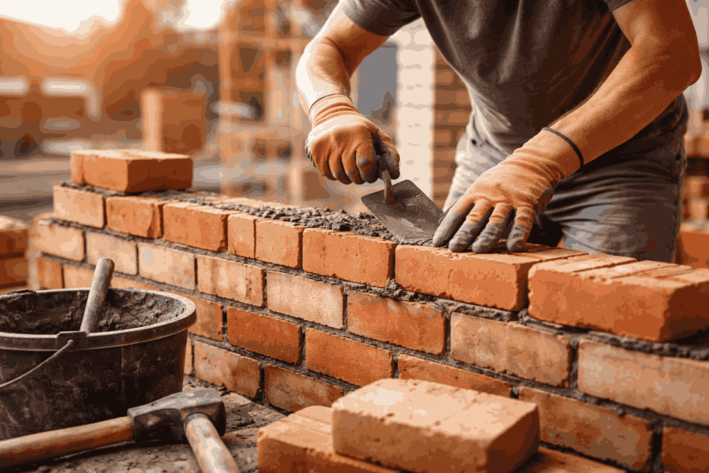 Brick masonry construction with bricks laid using mortar.
