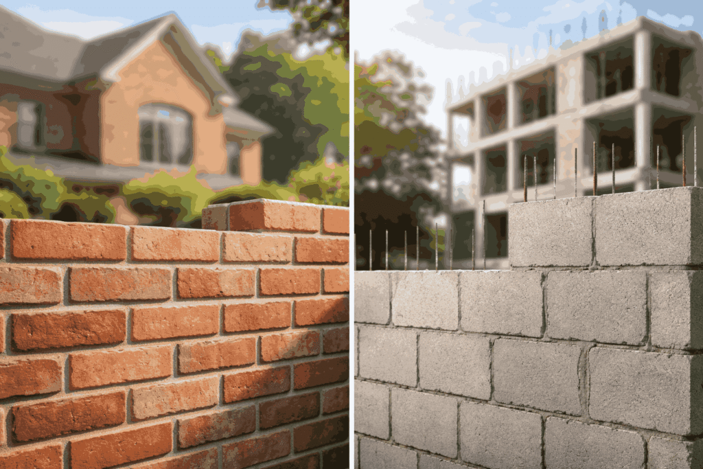 Side by side comparison of brick wall and concrete block wall construction in residential and structural building use Side by side comparison of brick wall and concrete block wall construction in residential and structural building use