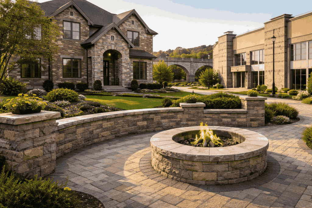 Stone masonry in residential and commercial exterior spaces.