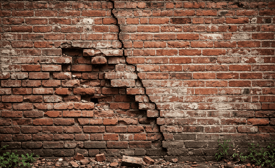 Severely cracked brick wall showing structural damage and clear signs brick repair is needed