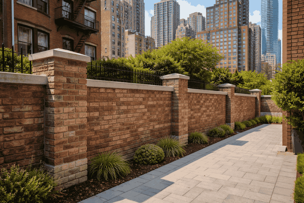 Brick masonry fence with reinforced columns in an urban NYC residential setting Brick masonry fence with reinforced columns in an urban NYC residential setting