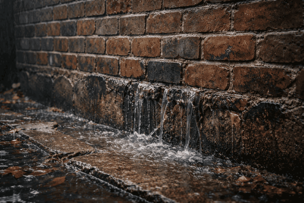 Water seeping through brick wall base showing moisture damage and drainage issues Water seeping through brick wall base showing moisture damage and drainage issues