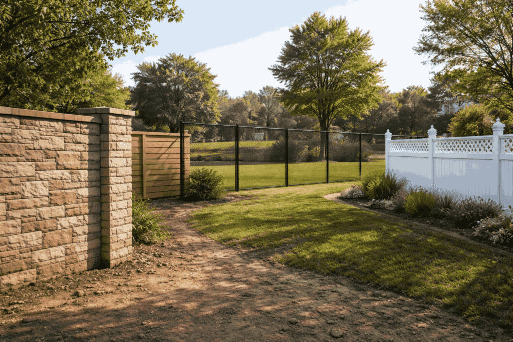 Comparison of masonry, wood, and vinyl fencing options in a landscaped residential yard Comparison of masonry, wood, and vinyl fencing options in a landscaped residential yard