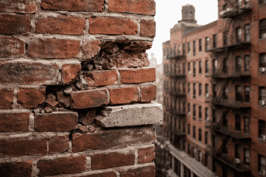 Damaged brick wall with loose bricks and structural cracking on NYC building façade Damaged brick wall with loose bricks and structural cracking on NYC building façade