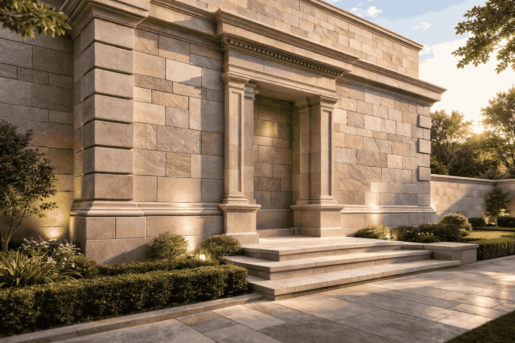 Ashlar stone masonry facade with precisely cut stone blocks and uniform joints in residential construction Ashlar stone masonry facade with precisely cut stone blocks and uniform joints in residential construction