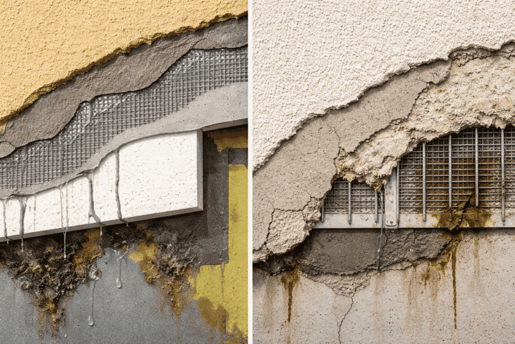 EIFS and stucco wall failure comparison showing cracks, moisture intrusion, and mesh exposure