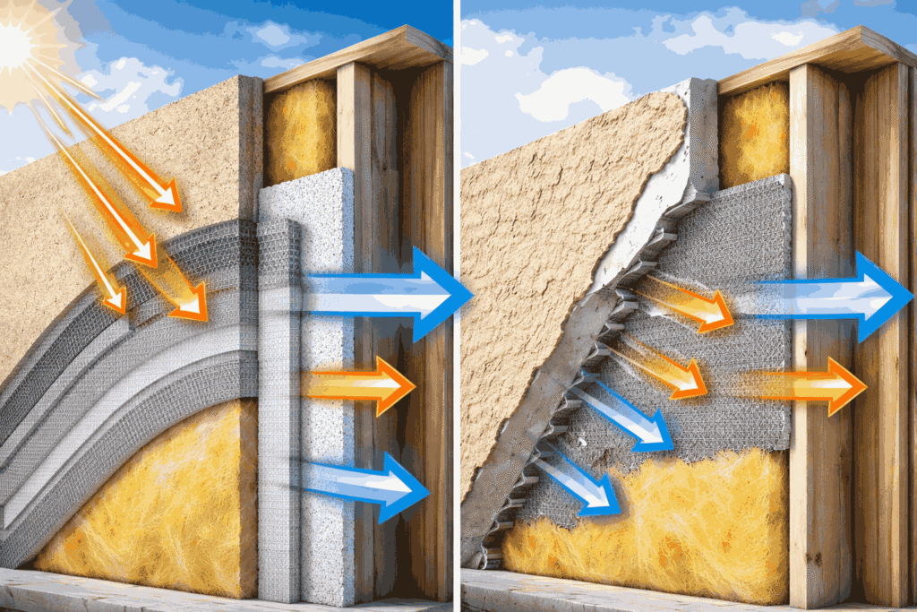 EIFS vs stucco wall section showing insulation layers and heat flow