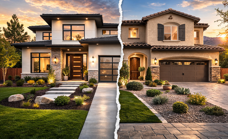 Modern home with EIFS exterior compared side by side with traditional stucco house facade