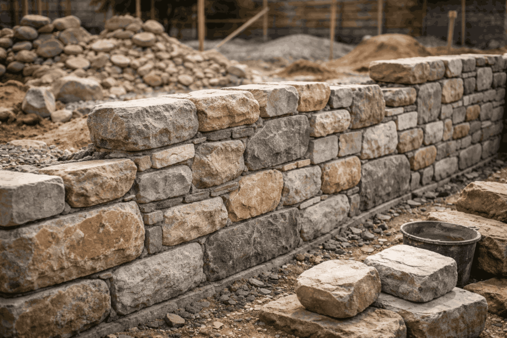 Stone masonry construction process showing layered natural stones with mortar bonding in retaining wall installation Stone masonry construction process showing layered natural stones with mortar bonding in retaining wall installation