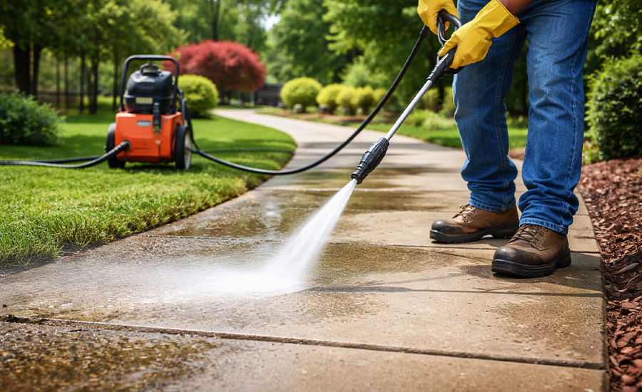 Concrete sidewalk power washing in NYC removing dirt and buildup from residential walkway