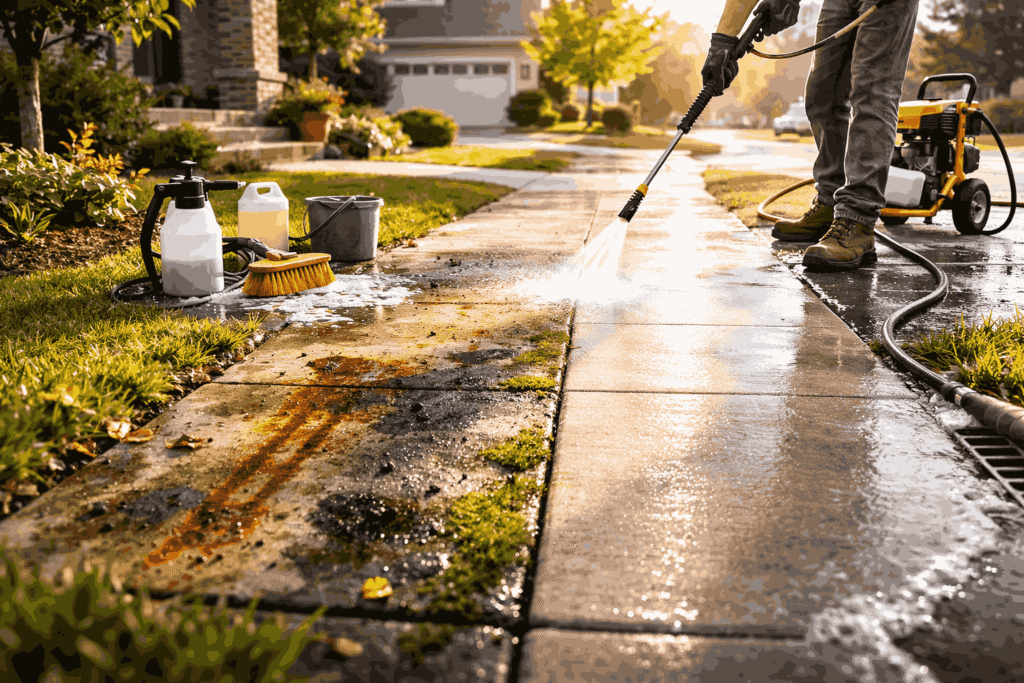 Applying pre-treatment solution on stained concrete sidewalk before power washing