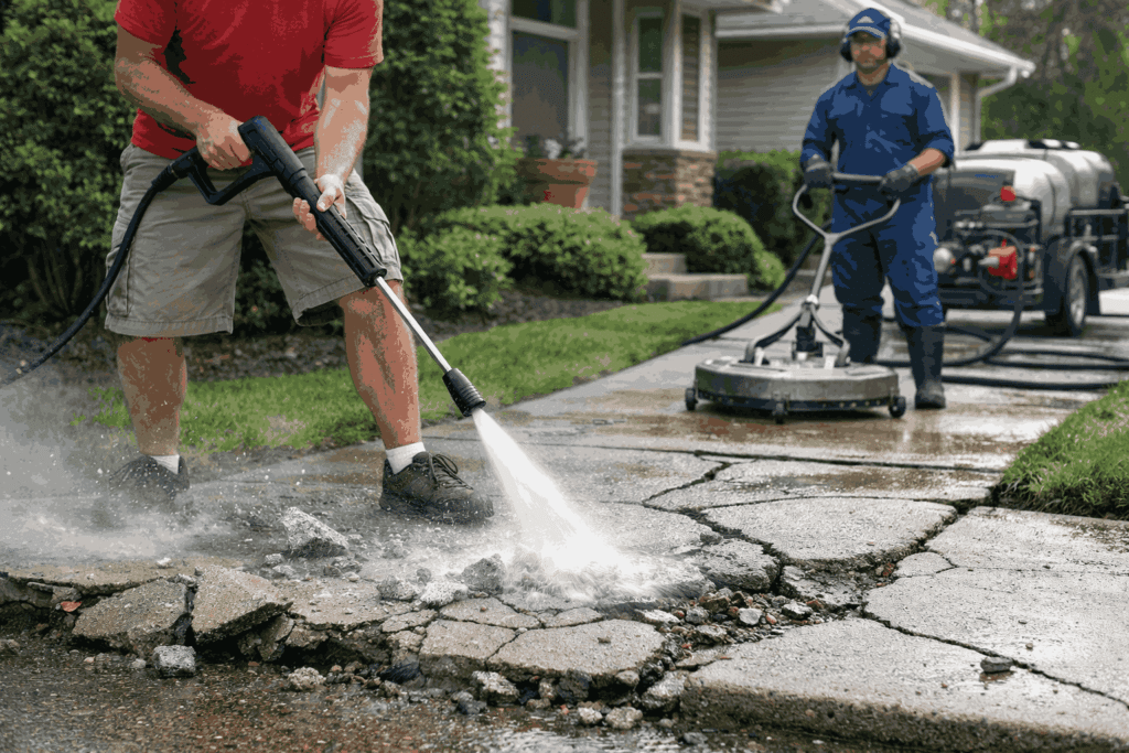 DIY pressure washing on cracked concrete sidewalk causing surface damage