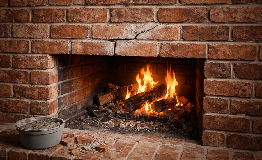Fireplace brick crack repair in NYC showing damaged mortar joint and firebox bricks