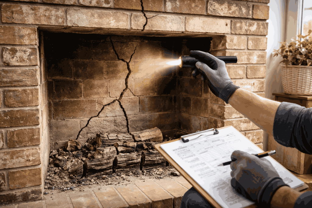 Inspector examining vertical and diagonal fireplace brick cracks inside firebox before repair