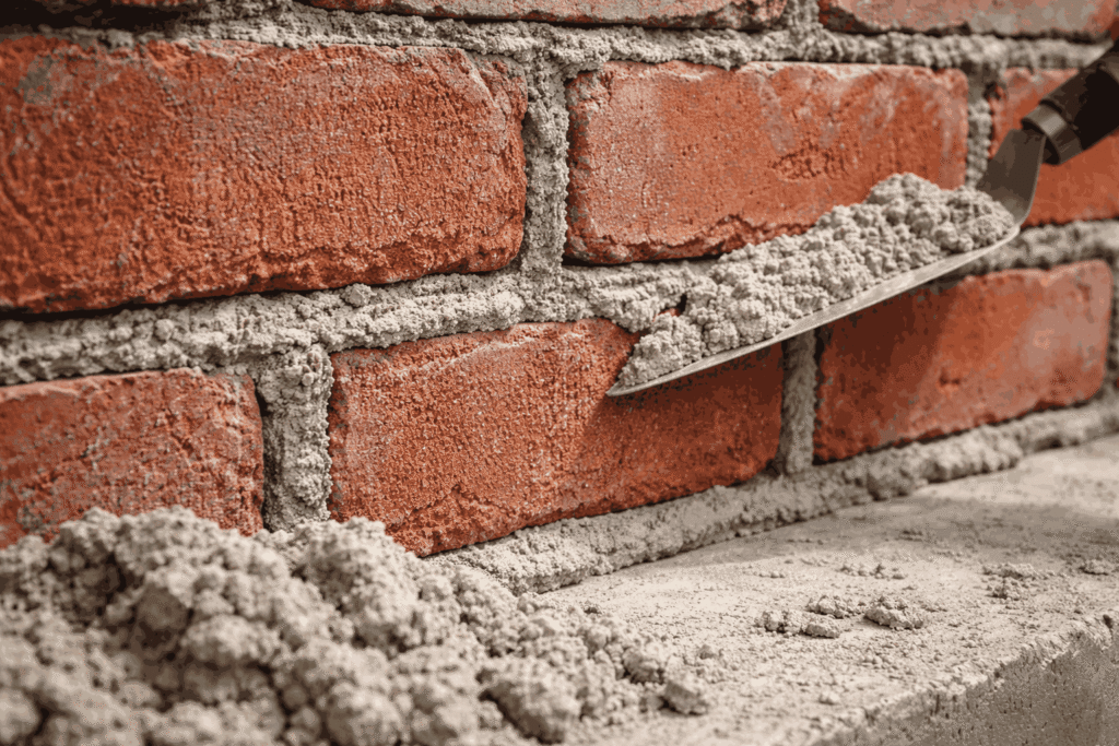 Applying fresh mortar into brick joints with a pointing trowel during brick mortar repair process