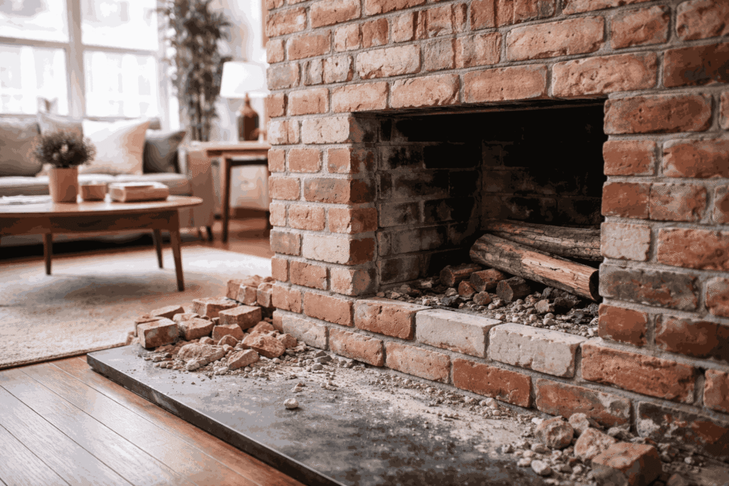 Damaged brick fireplace in NYC home showing loose bricks and masonry deterioration affecting repair cost