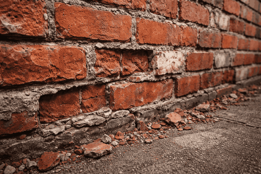 Cracked and deteriorating brick mortar joints with visible gaps and loose brick fragments indicating structural weakening