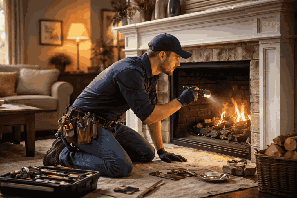 Professional fireplace contractor inspecting firebox and brick interior for structural cracks and safety issues