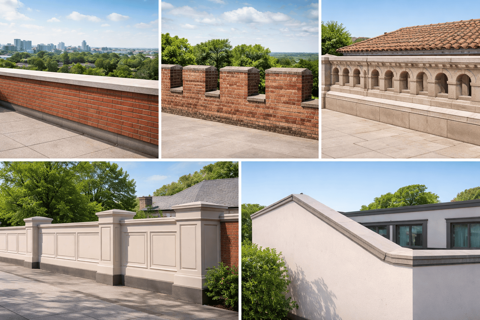 different types of parapet walls including solid, embattled, perforated, paneled, and sloped parapet wall designs on buildings
