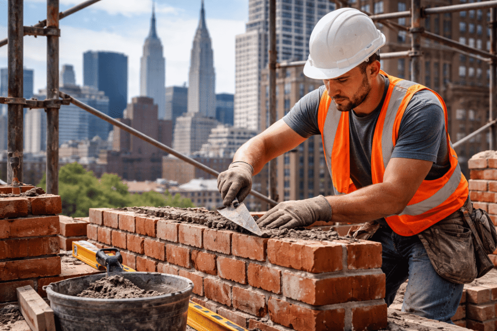 Licensed brick mason working on scaffolding at a masonry construction site in New York City