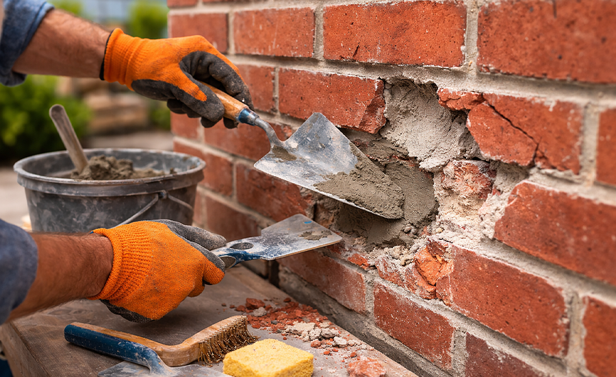 repairing spalling brick wall by applying fresh mortar to damaged brick area