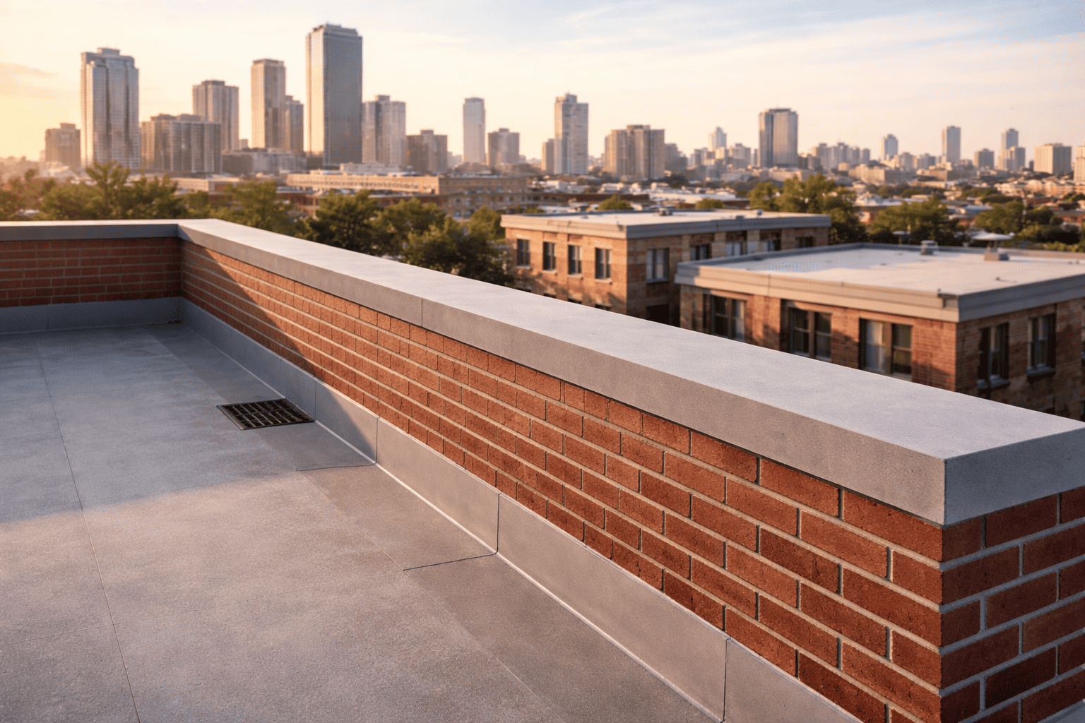 brick parapet wall on rooftop providing roof-edge safety and wind protection in urban building construction