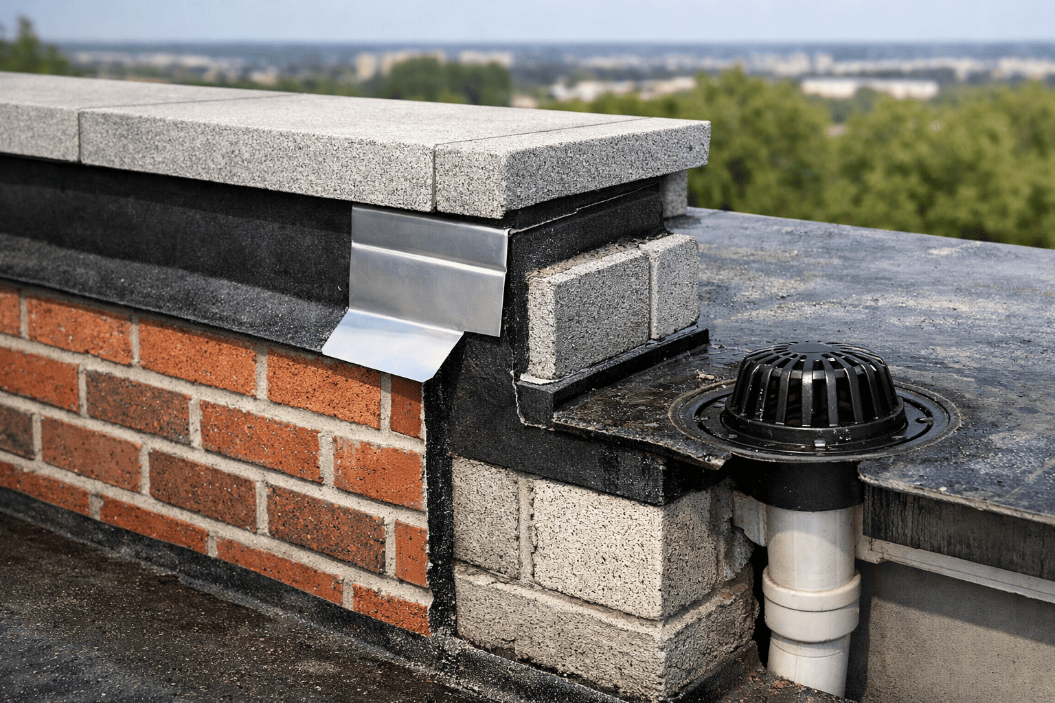 parapet wall structural components showing coping cap, flashing system, and roof drainage outlet on a masonry rooftop