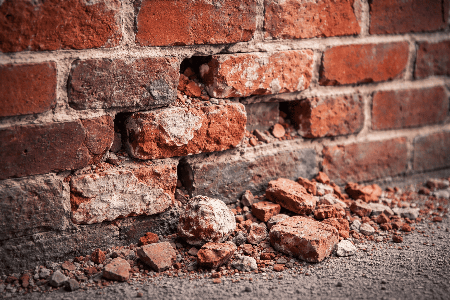 brick spalling damage on exterior brick wall with flaking and broken brick pieces