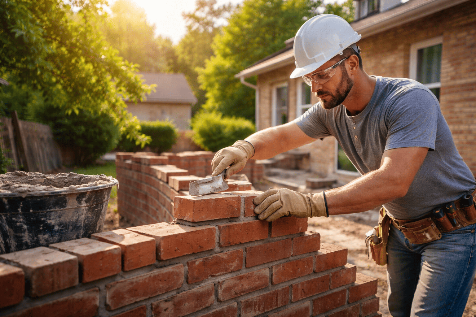 masonry contractor repairing brick wall with mortar and trowel