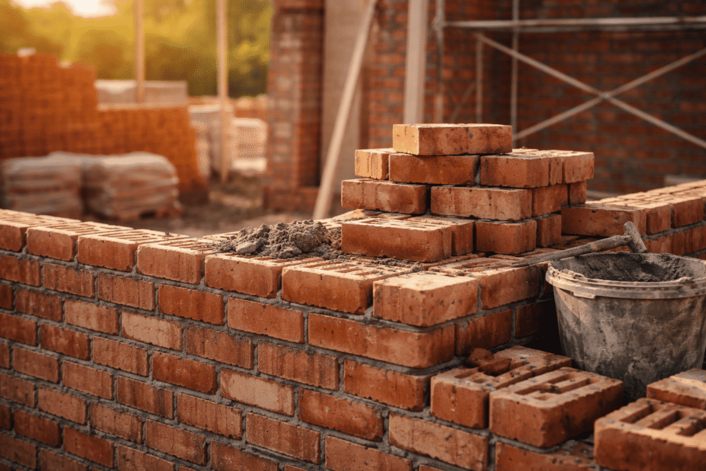 Brick masonry construction site with stacked clay bricks and mortar during residential building work in NYC