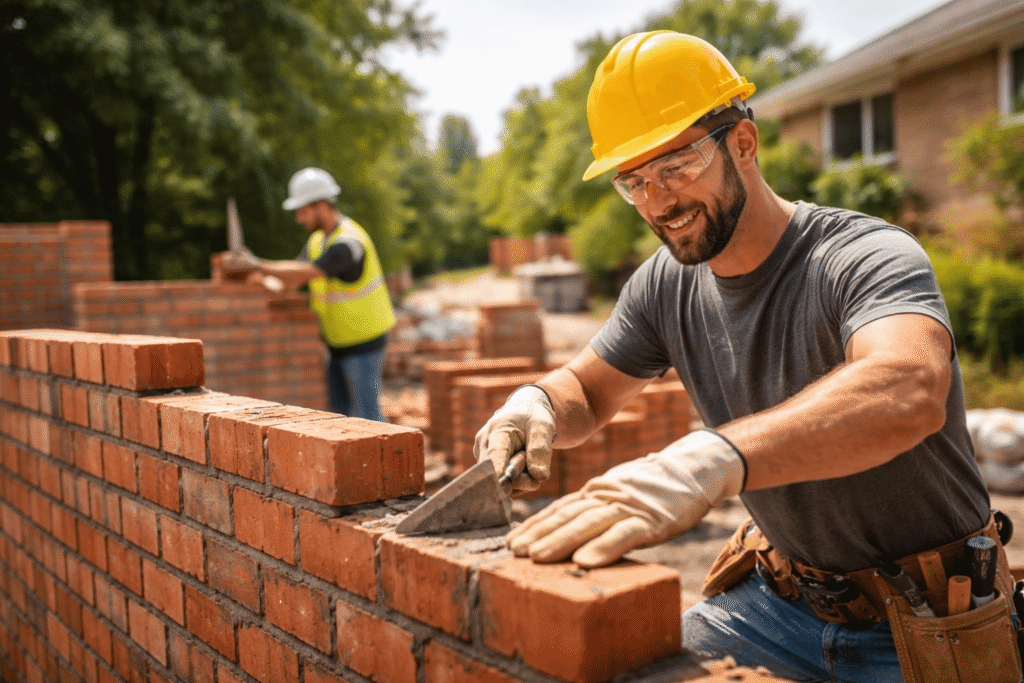 Professional brick mason laying bricks with precision at a residential construction site
