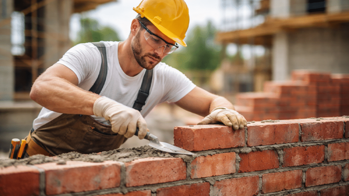Professional mason building a brick wall on construction site