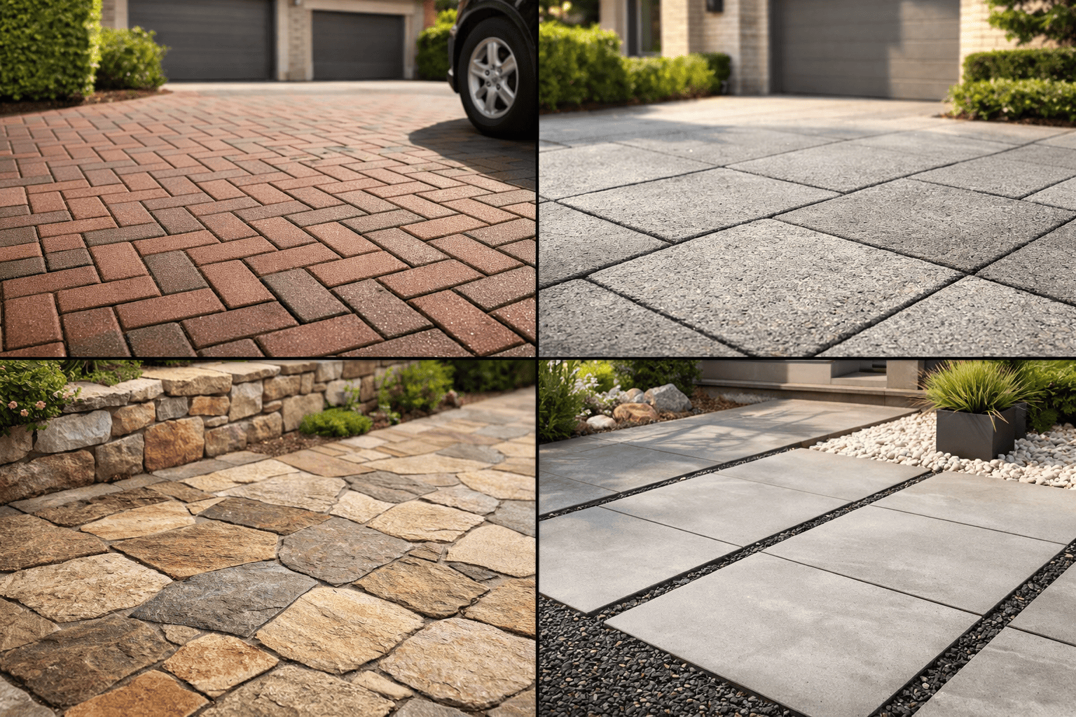 comparison of brick, concrete, natural stone, and porcelain driveway pavers