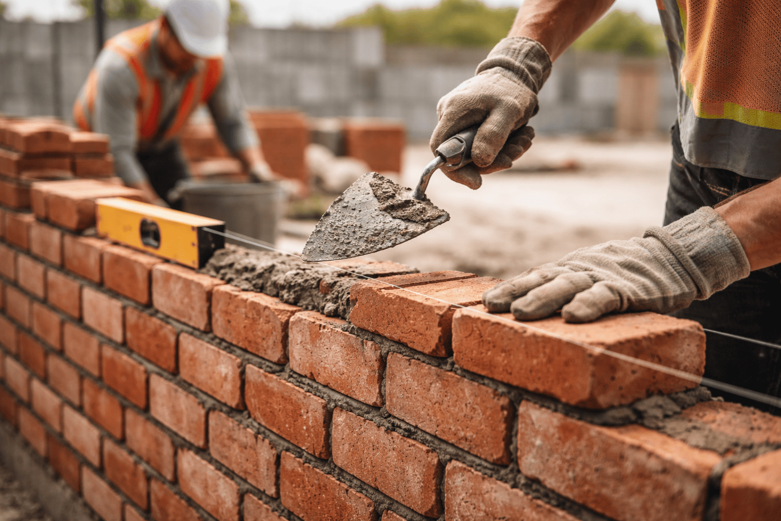 brick masonry work showing proper brick alignment and mortar joints during construction