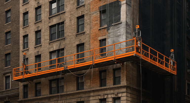 Facade inspection under Local Law 11 in NYC showing scaffolding and building repairs for cost compliance
