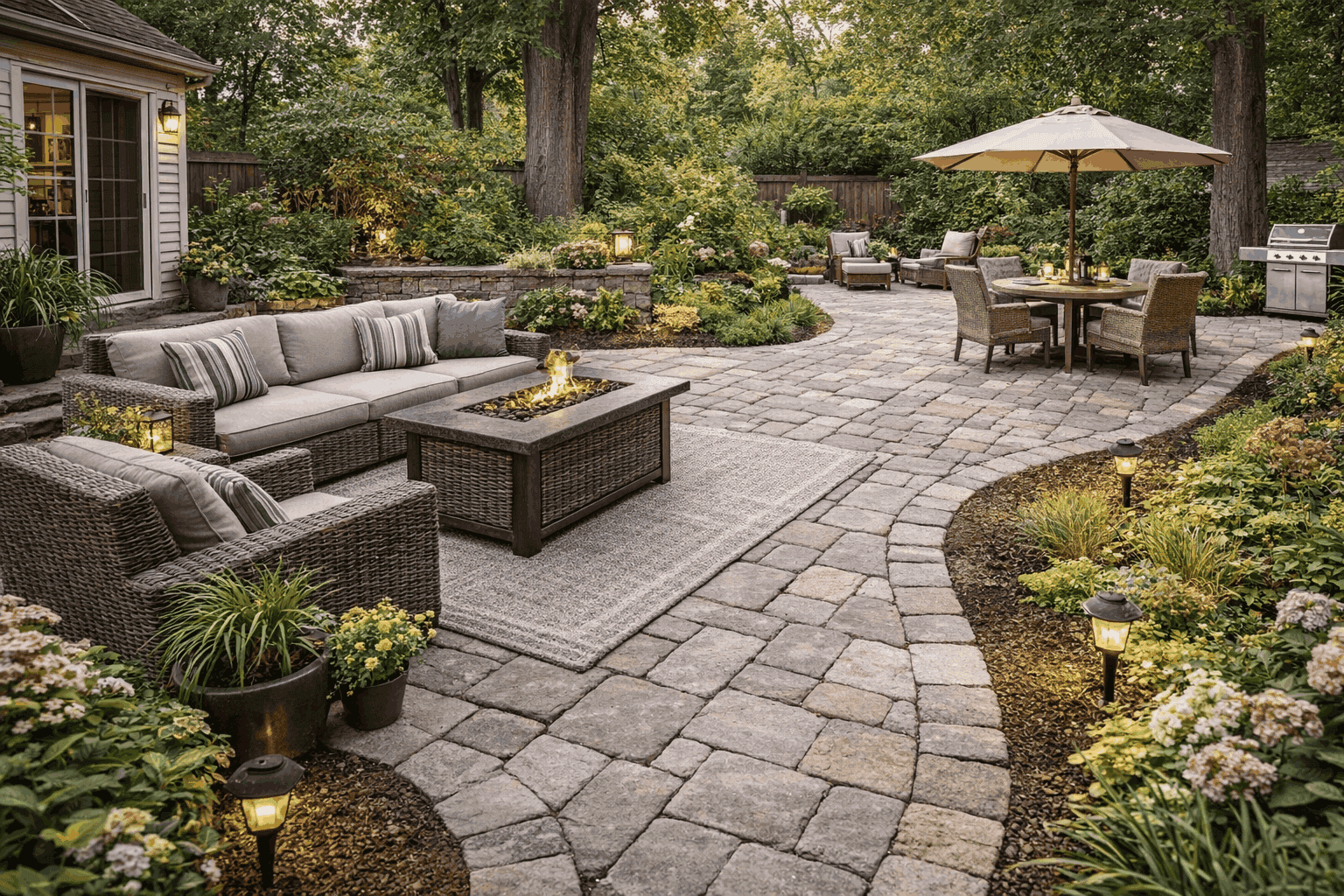 functional patio layout with seating, dining area, and paved walkway design