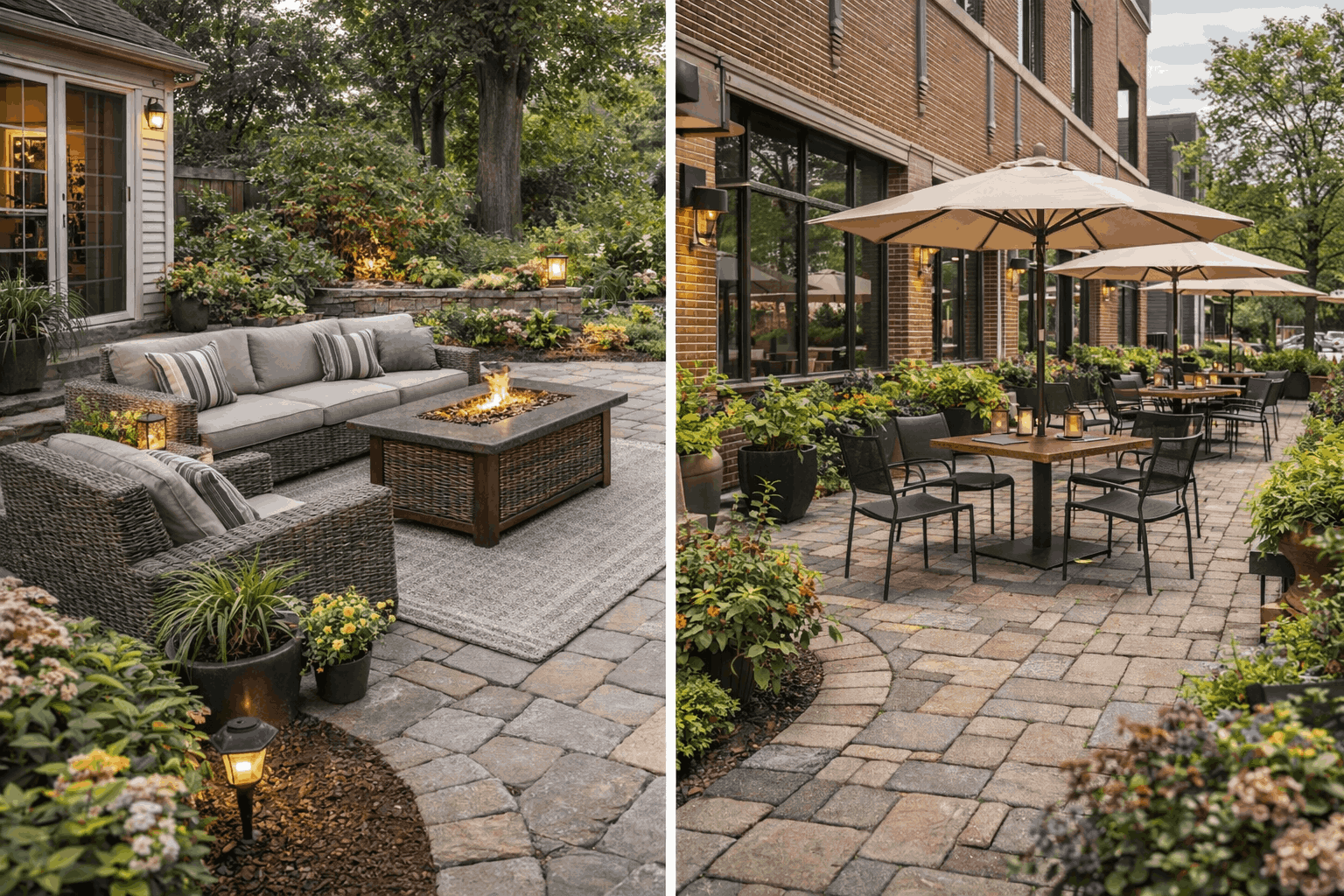 residential and commercial patio design showing seating and dining outdoor spaces