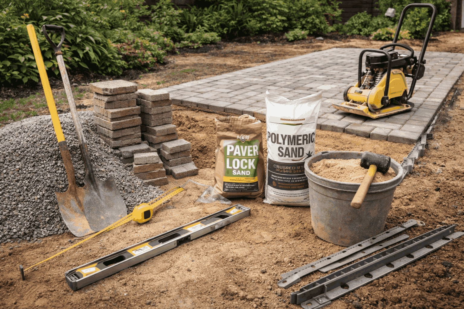 Tools and materials used for patio paving including pavers, sand, compactor, and leveling tools