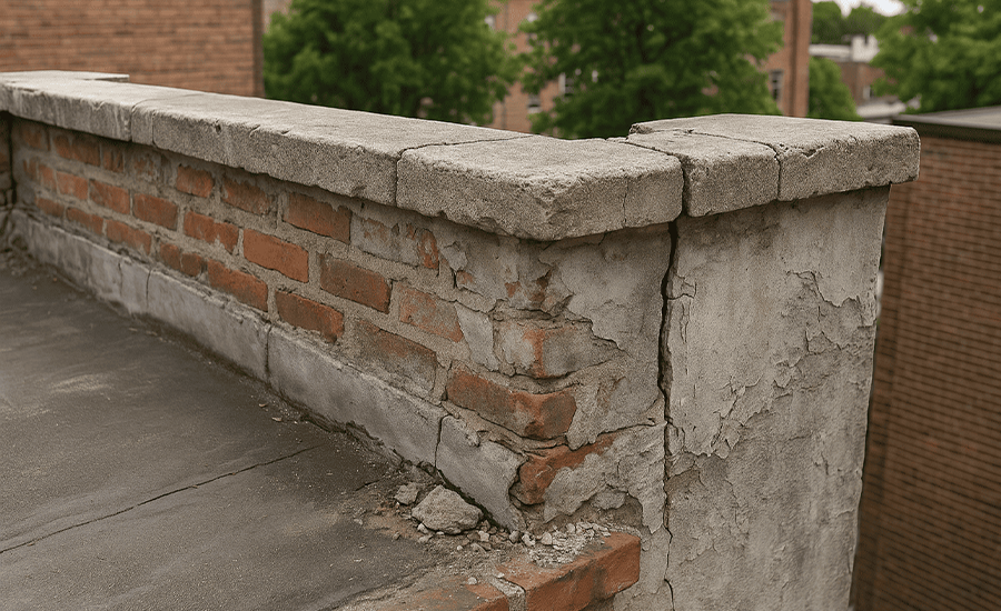 Common parapet wall damages with cracks, moisture stains, and brick deterioration on a NYC building rooftop
