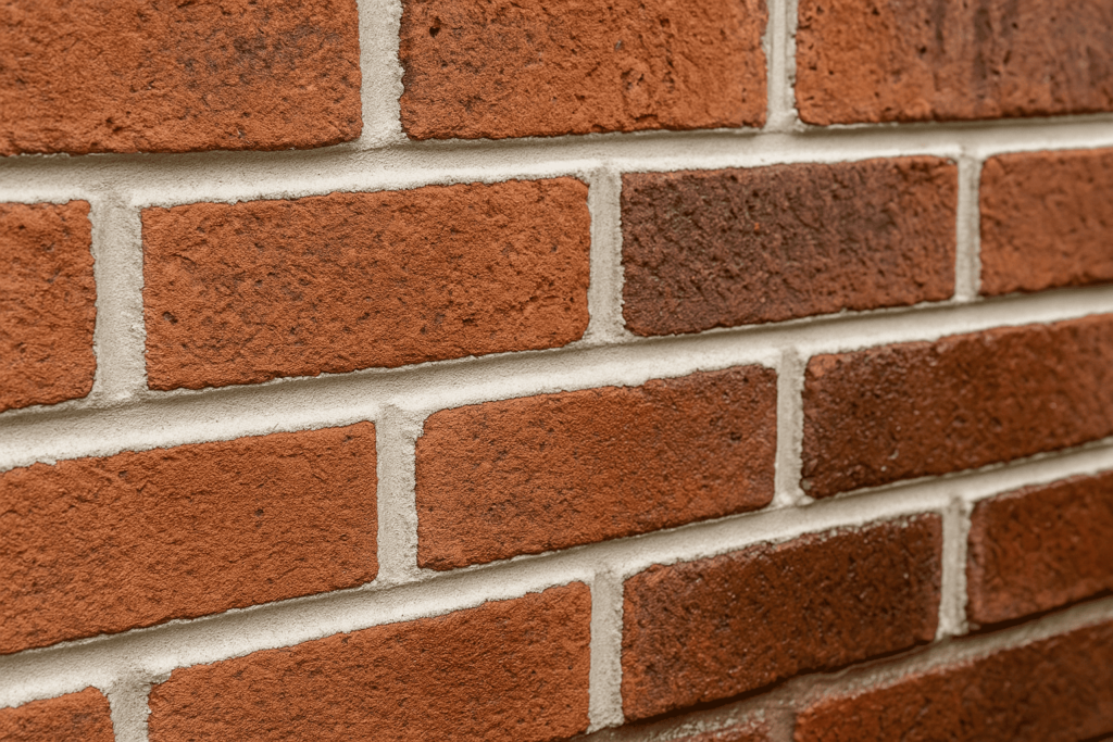 Close-up view of a red brick wall with white beaded mortar joints, showing the raised profile and clean lines that enhance durability in moisture-prone areas.
