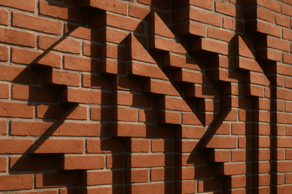 A realistic brick wall with sharp, angular profiles and geometric patterns, showcasing precise masonry work with clean lines and natural lighting.