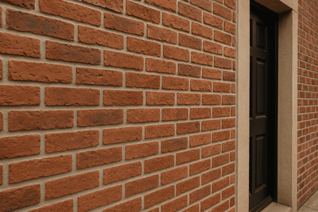 Close-up view of a red brick wall with clean, precise struck pointing beside a black door, highlighting durability and water-resistant design.