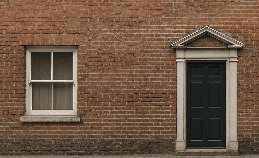 Red brick wall with struck pointing finish around a window and door, illustrating the challenges of struck pointing in masonry work.