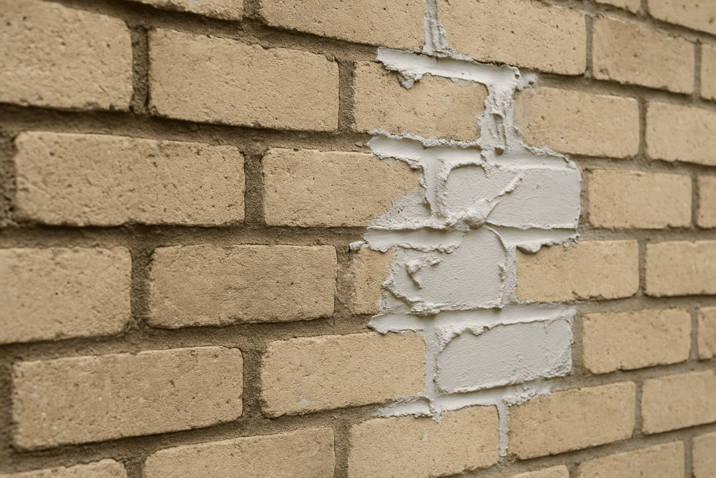A close-up view of a brick wall showing improper recessed pointing, with uneven mortar application on one side compared to neat recessed joints on the other, highlighting common mistakes in masonry work.
