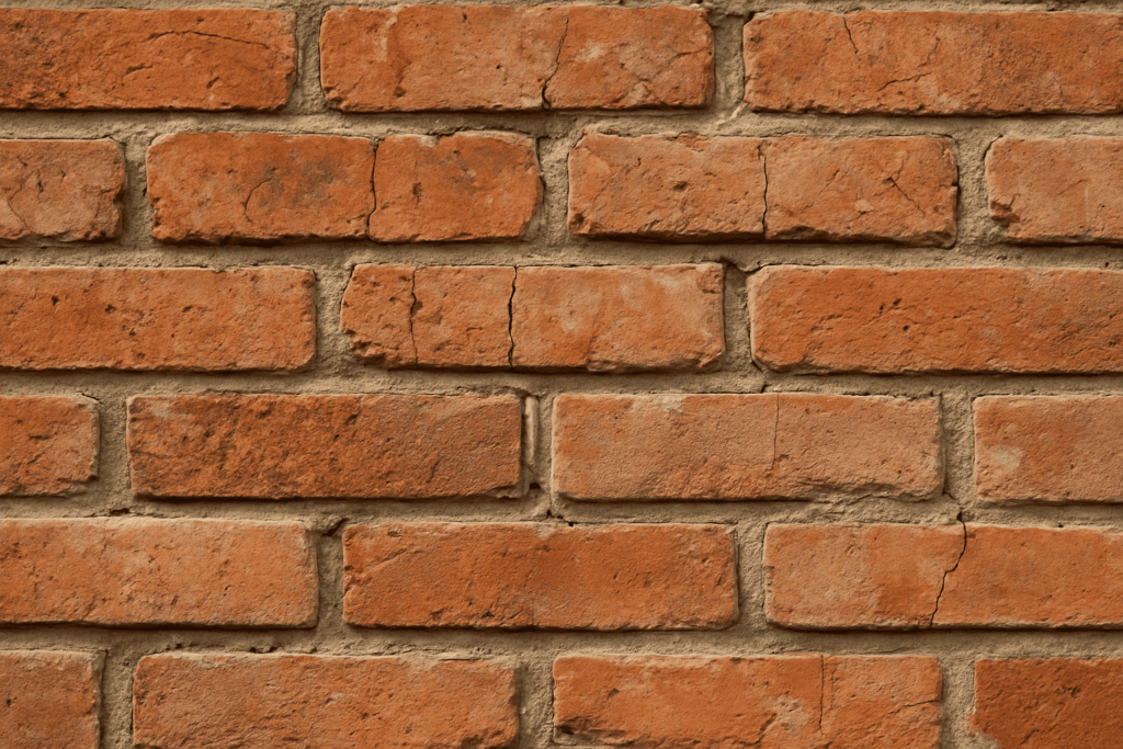 Close-up of a red brick wall with visible cracks and uneven mortar joints, showing common mistakes in keyed pointing.