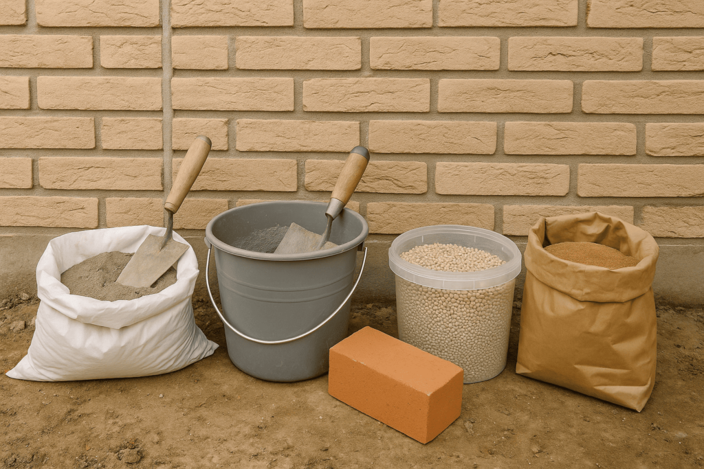Construction materials for beaded pointing, including a bag of cement, a gray bucket with trowels, a container of small beads, a paper bag of sand, and a single red brick placed in front of a beige brick wall.