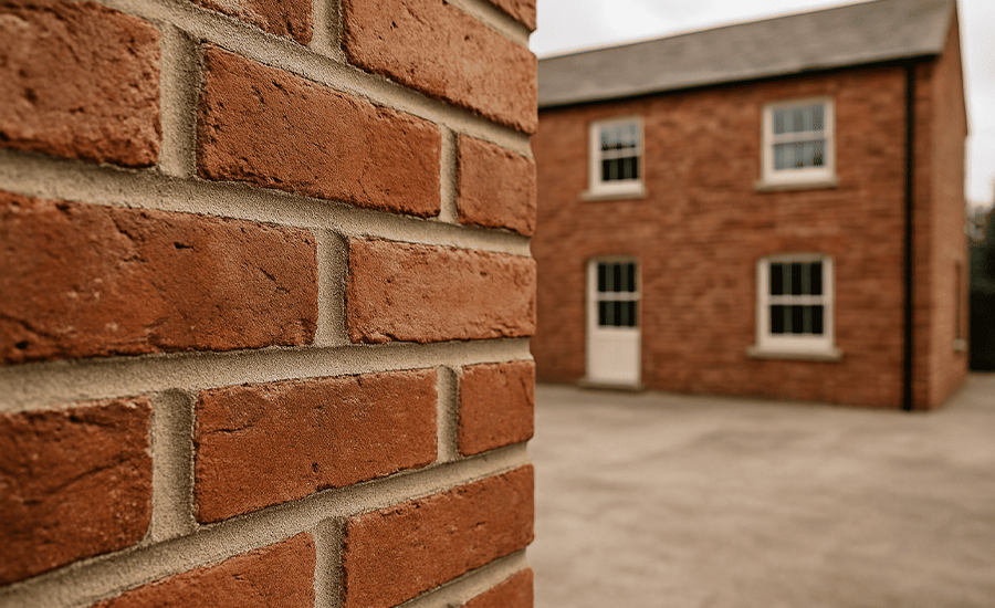 Close-up of a brick wall with keyed pointing detail in the foreground and a brick building in the background, showcasing strong mortar joints and masonry durability.
