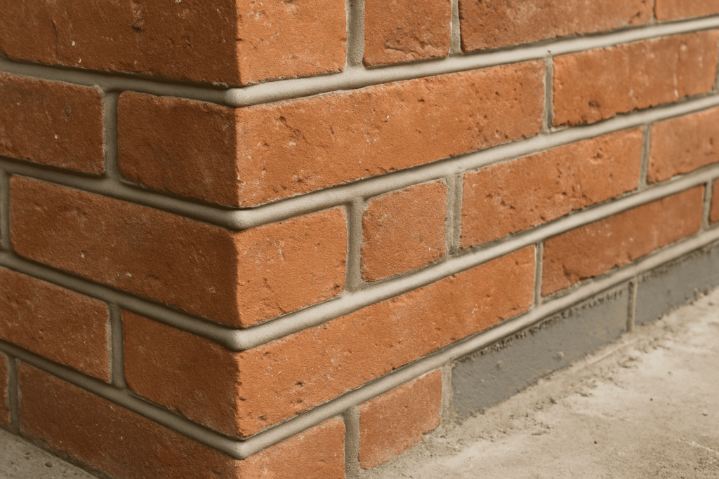 Close-up view of a brick wall corner with clean beaded pointing, showing raised rounded mortar joints highlighting decorative detail on the red bricks.