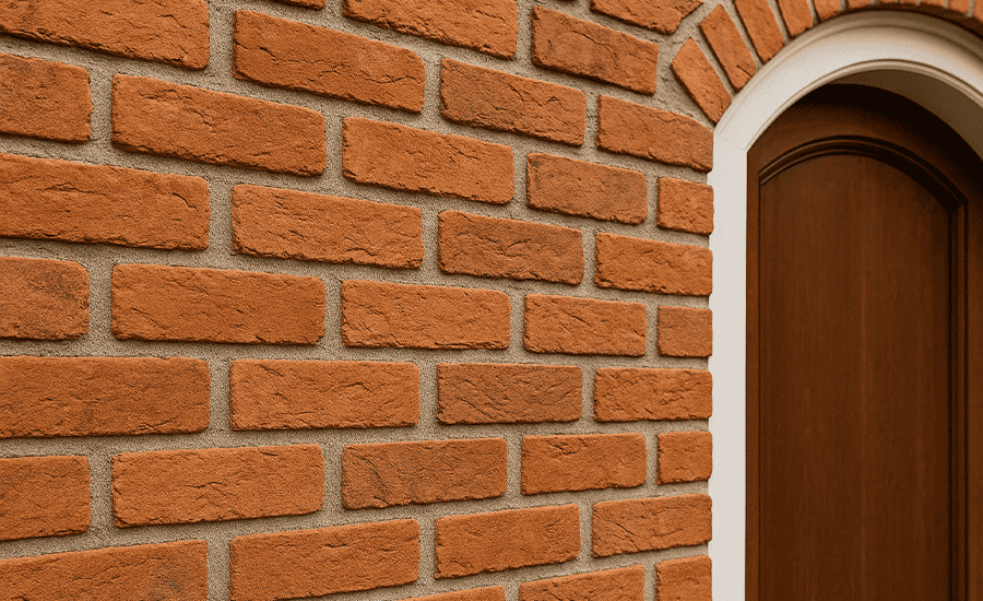 Close-up view of a brick wall with neat struck pointing next to a wooden door frame.