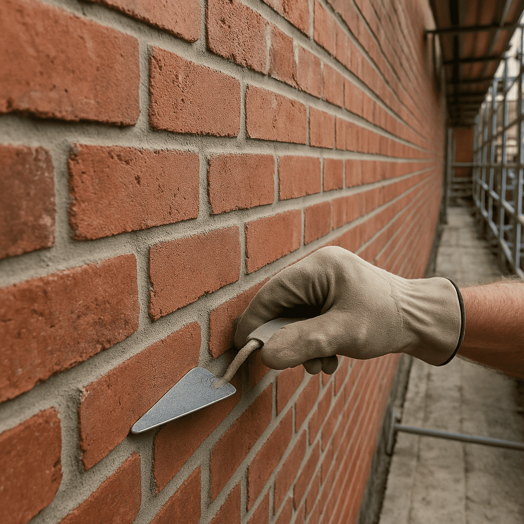 Close-up view of keyed pointing on a red brick wall, showcasing neat mortar joints for durability and cost-effective results in large masonry projects